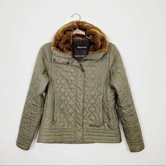 Marmot Jackets & Blazers - Marmot Green Fur Collar Quilted Winter Jacket Sz M